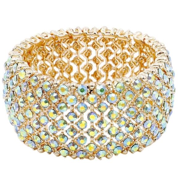 Yellow Gold & Iridescent AB Austrian Crystal Tennis Stretchable Bracelet Bangle - Picture 1 of 5